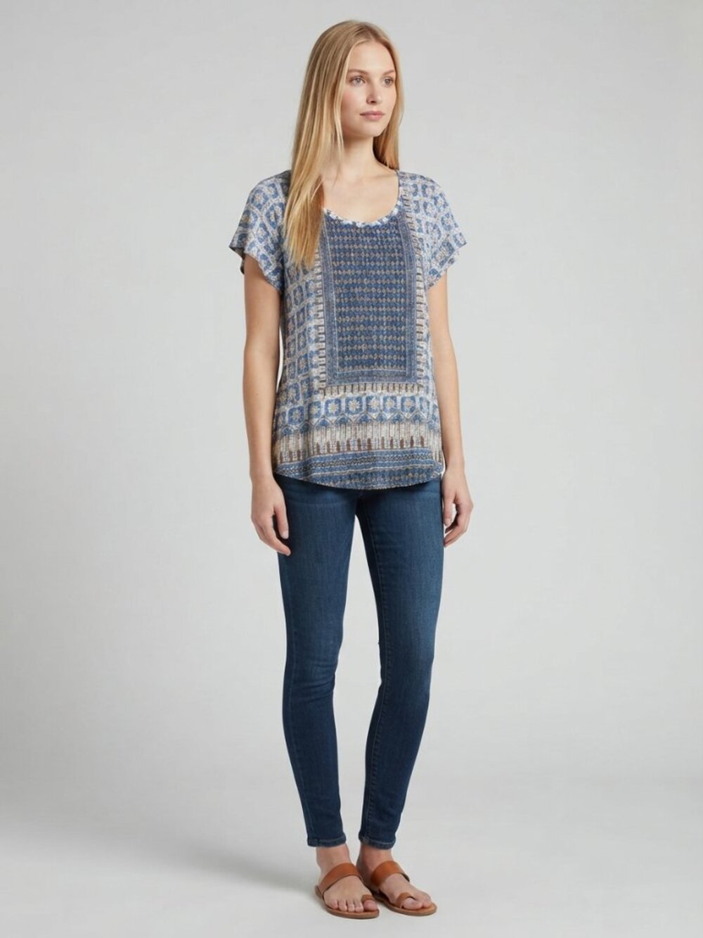 Lucky Brand Mixed Media Geometric Print Short Sleeve Boho Blouse Multi 1X #A4517